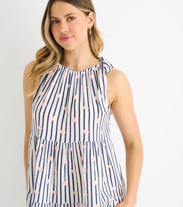 Gini London Women's Navy Striped Floral Print Tiered Mini Dress Gini London New Look - 2
