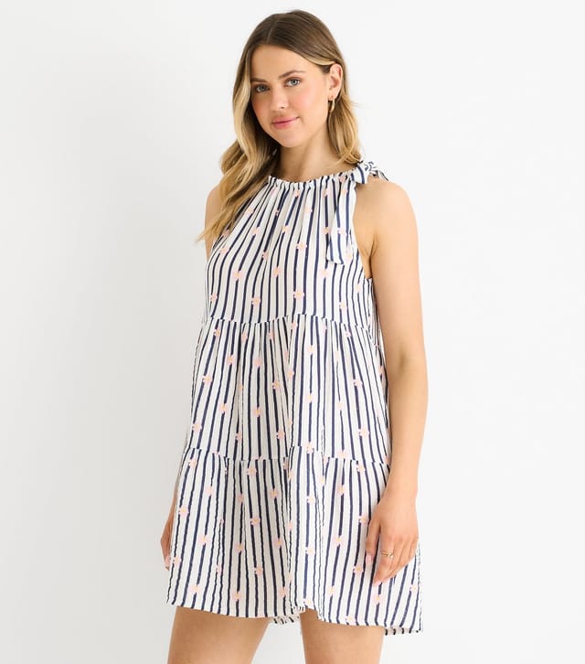 Gini London Women's Navy Striped Floral Print Tiered Mini Dress Gini London New Look - 3