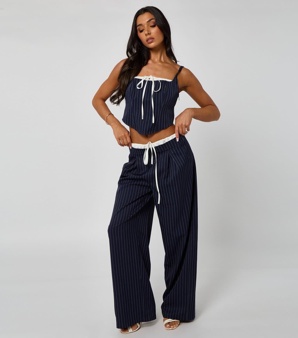 Urban Bliss Women's Navy Pinstripe Tie Detail Trousers Urban Bliss New Look