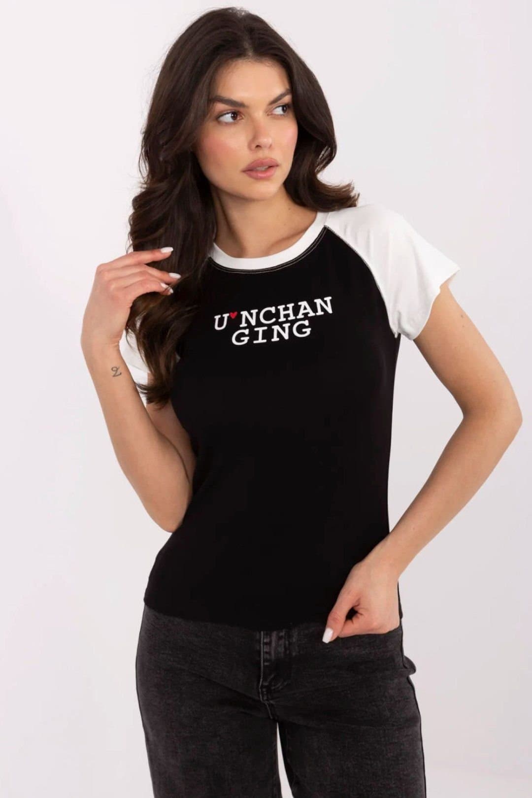 Love Lace Love Lace Black Ribbed Cotton Contrast Print T-Shirt