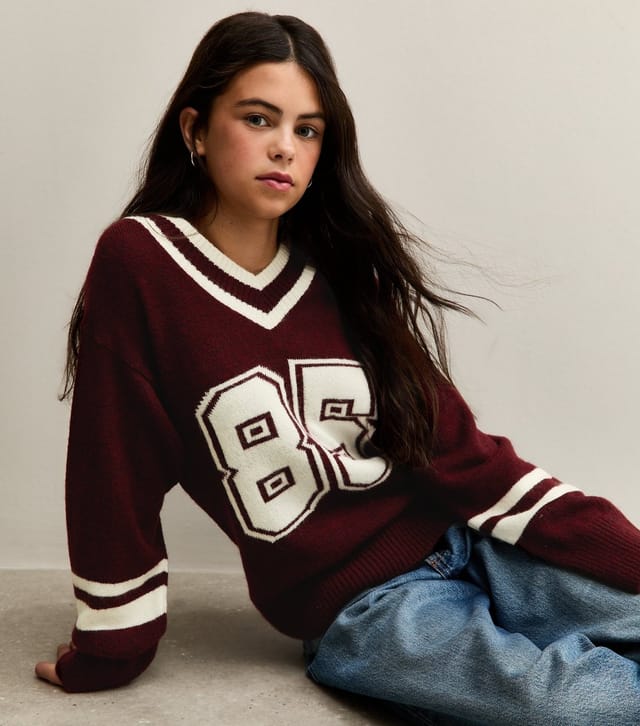 New Look Girls' Burgundy 85 V-Neck Contrast Trim Jumper New Look - 2