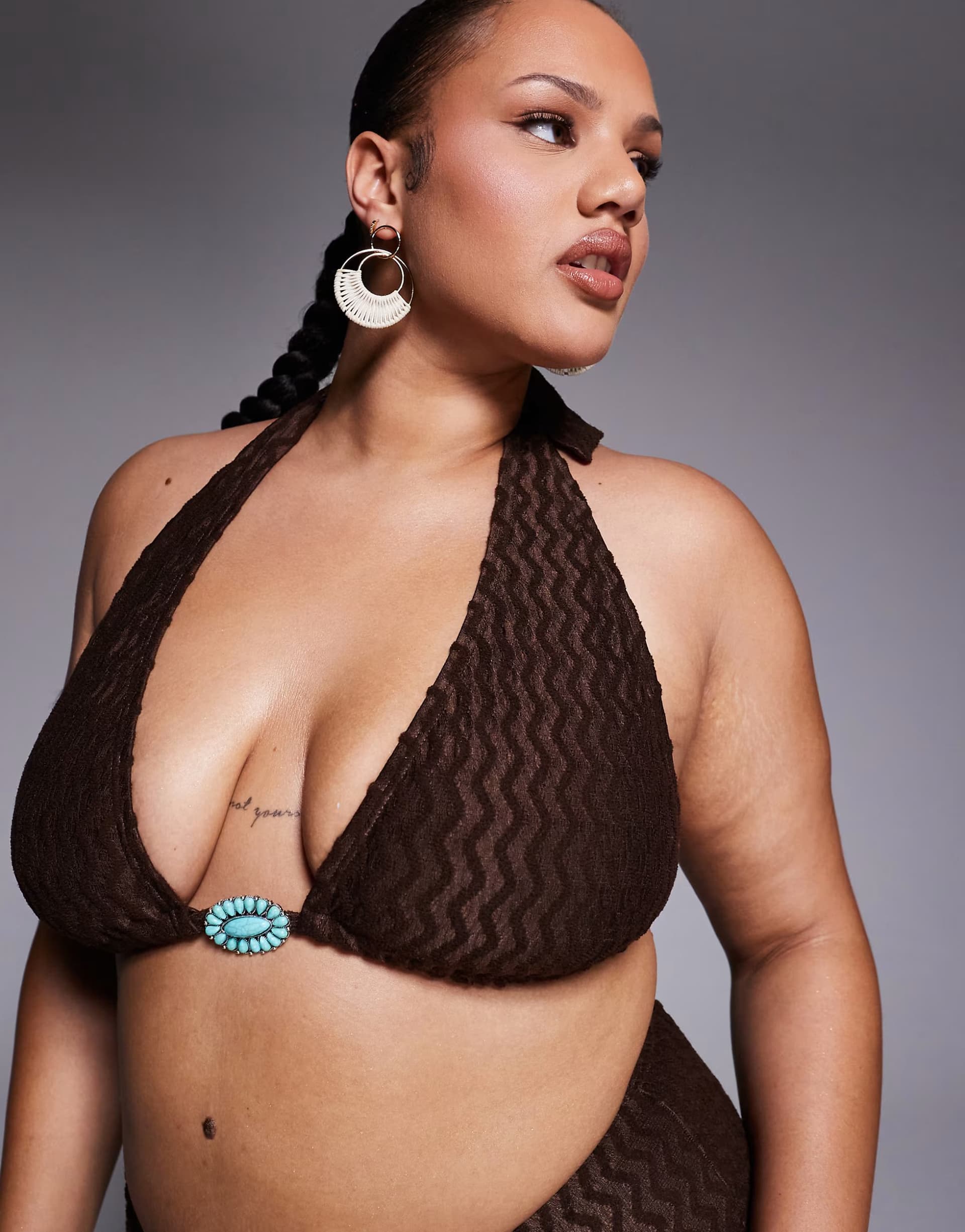 ASOS South Beach Curve textured halterneck bikini top in brown