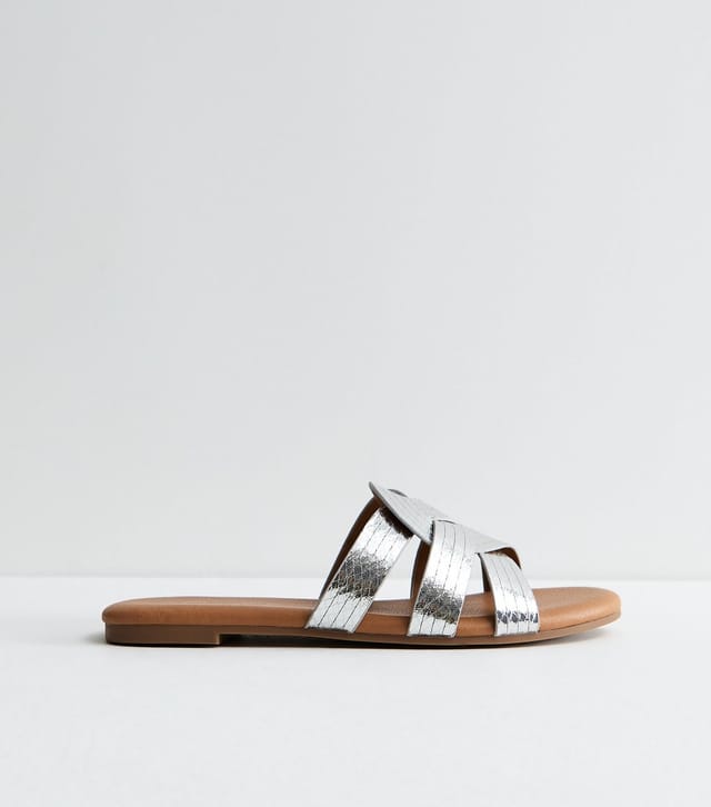New Look Women's Wide Fit Silver Interwoven Strap Flat Mules Vegan New Look - 3