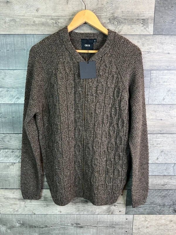 ASOS ASOS Mens Zip Up Cardigan Size Medium Brown Chunky Knit Sweater Full Zip