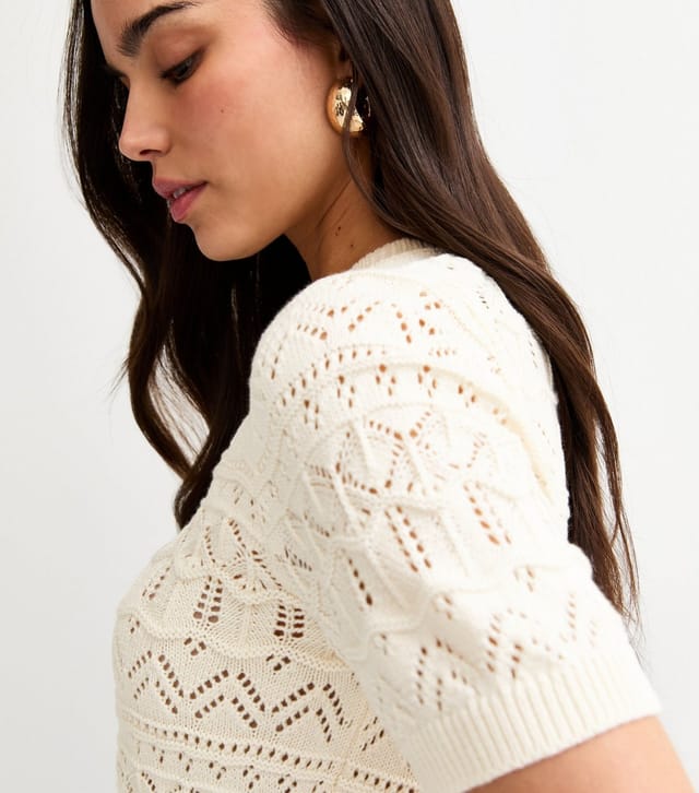 New Look Women's Cream Cotton Rich Patterned Knit Short Sleeve Top New Look - 2