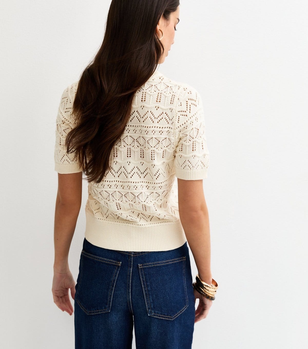 New Look Women's Cream Cotton Rich Patterned Knit Short Sleeve Top New Look - 4