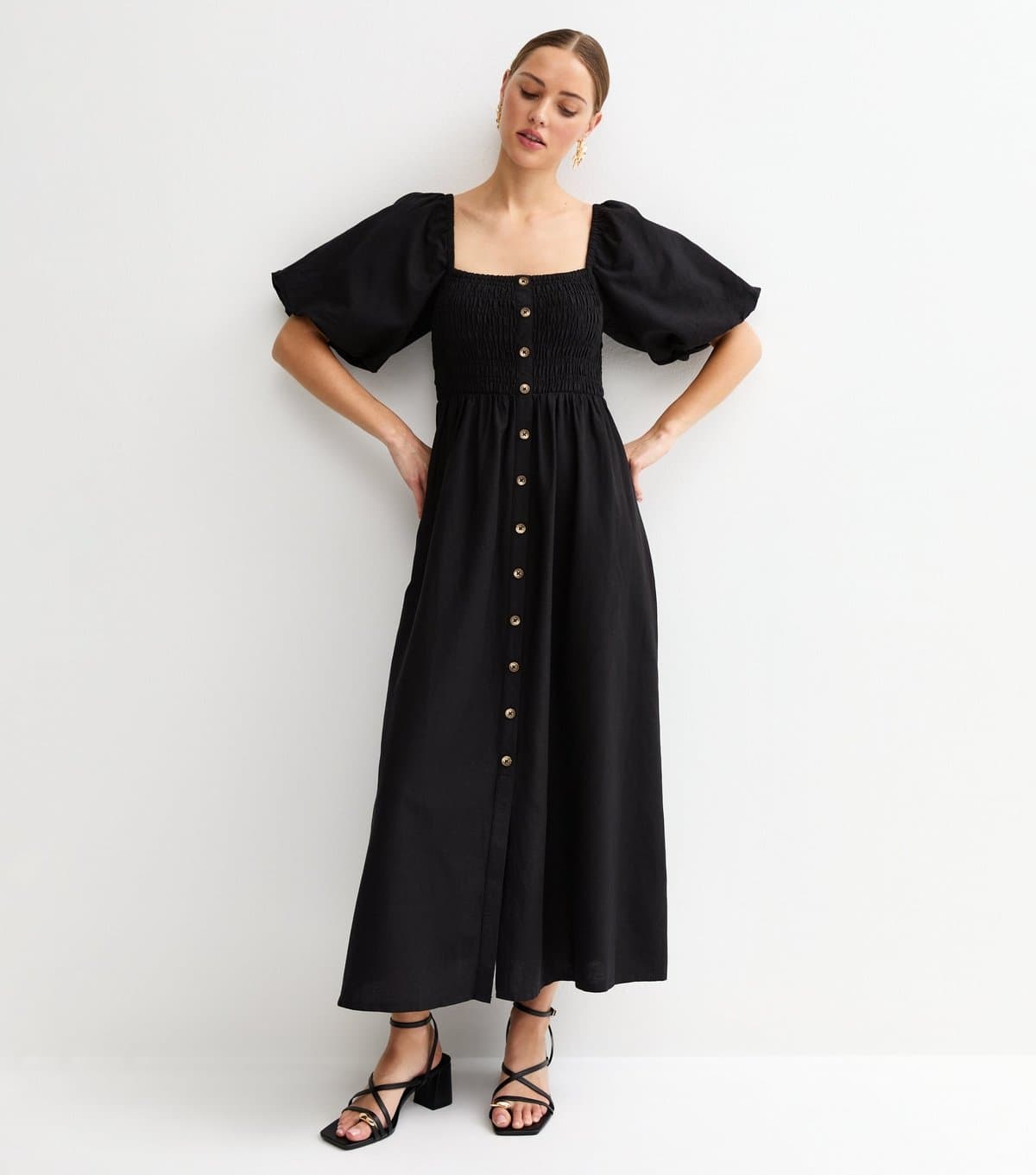 New Look Women's Black Faux Button Milkmaid Midi Dress New Look