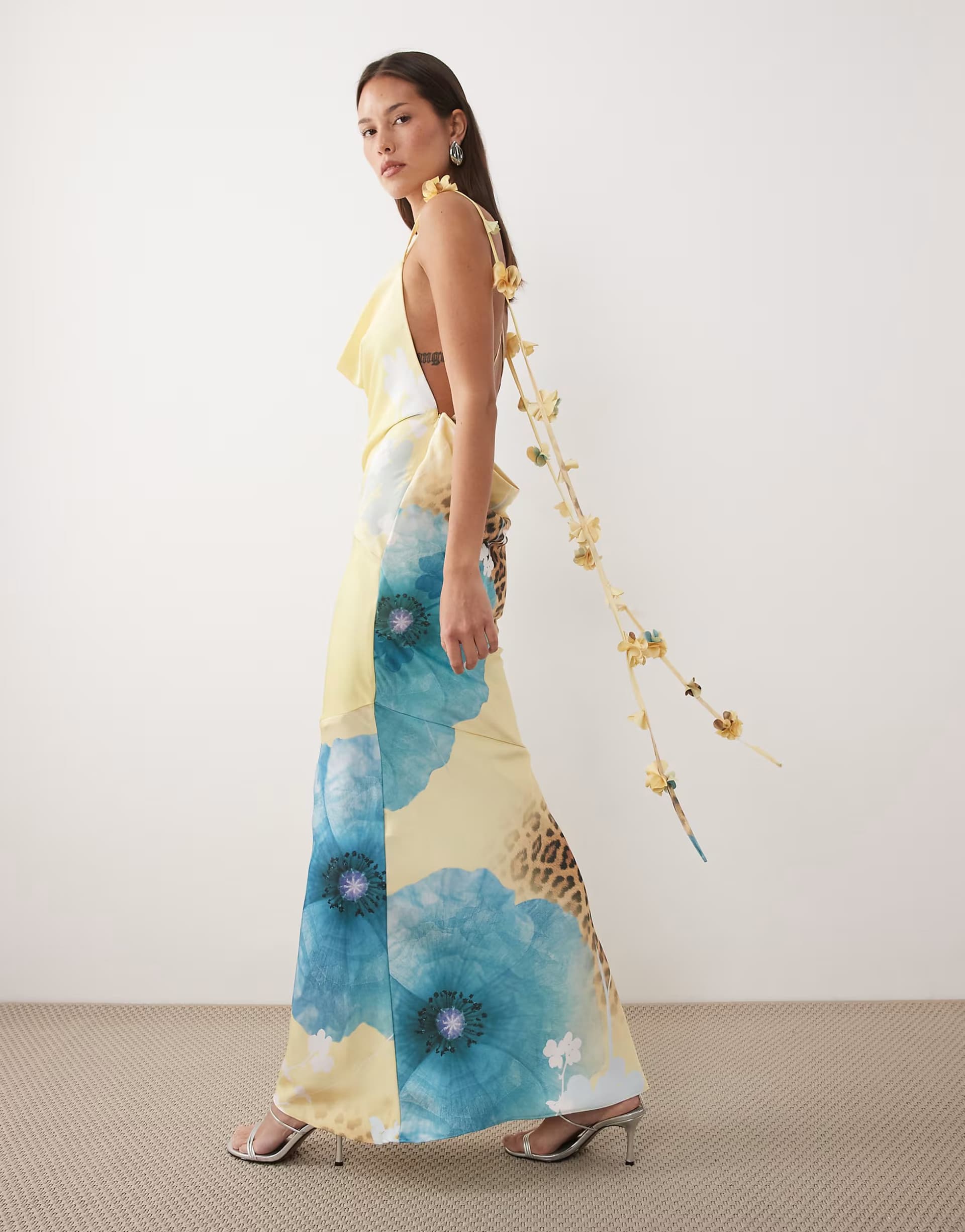 ASOS Wanderdoll exclusive Aria satin cowl neck drape flower detail cross back maxi dress in yellow and blue floral