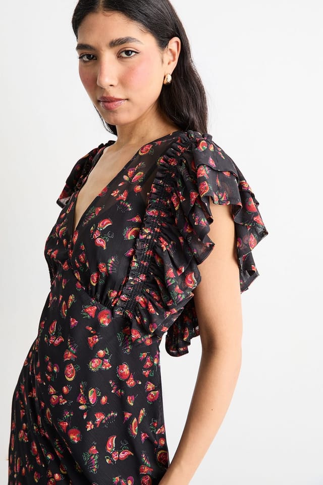 Warehouse Warehouse Women's Floral Print Ruffled Sleeve V Neck Maxi Dress in Black - 2