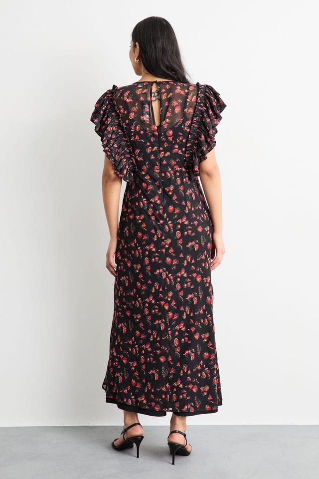 Warehouse Warehouse Women's Floral Print Ruffled Sleeve V Neck Maxi Dress in Black - 3