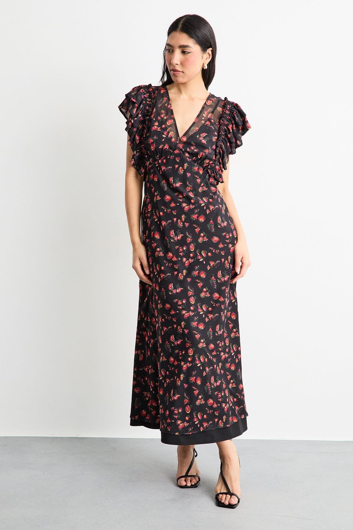 Warehouse Warehouse Women's Floral Print Ruffled Sleeve V Neck Maxi Dress in Black - 4