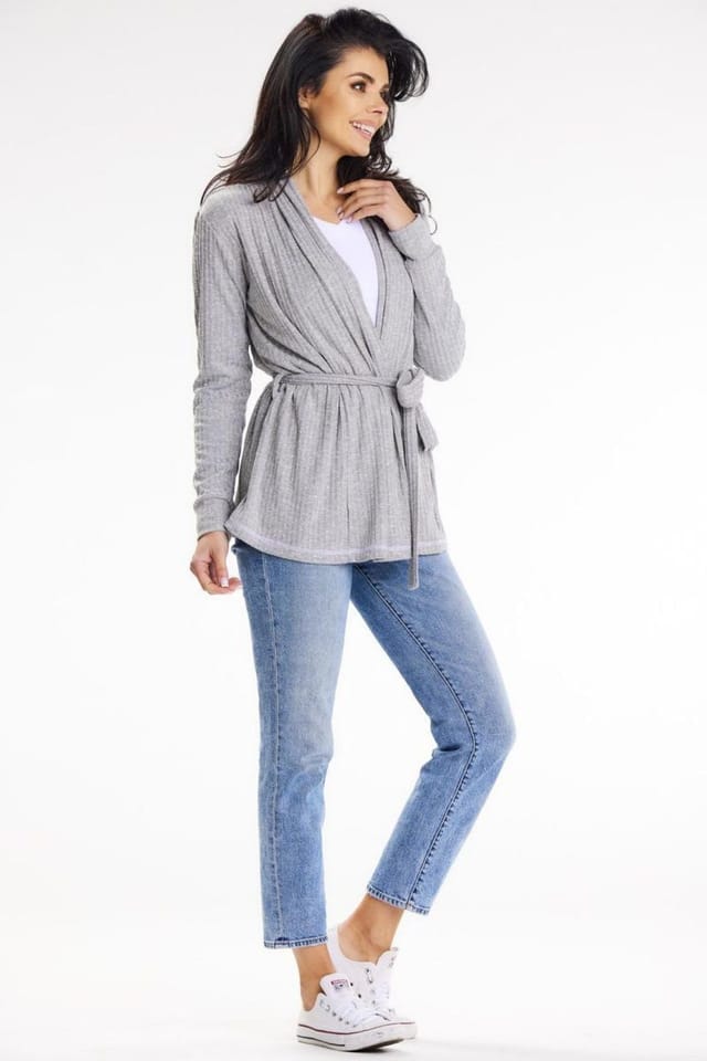 Love Lace Love Lace Women's Awama Shawl Collar Loose Cardigan with Belt in Grey - 2