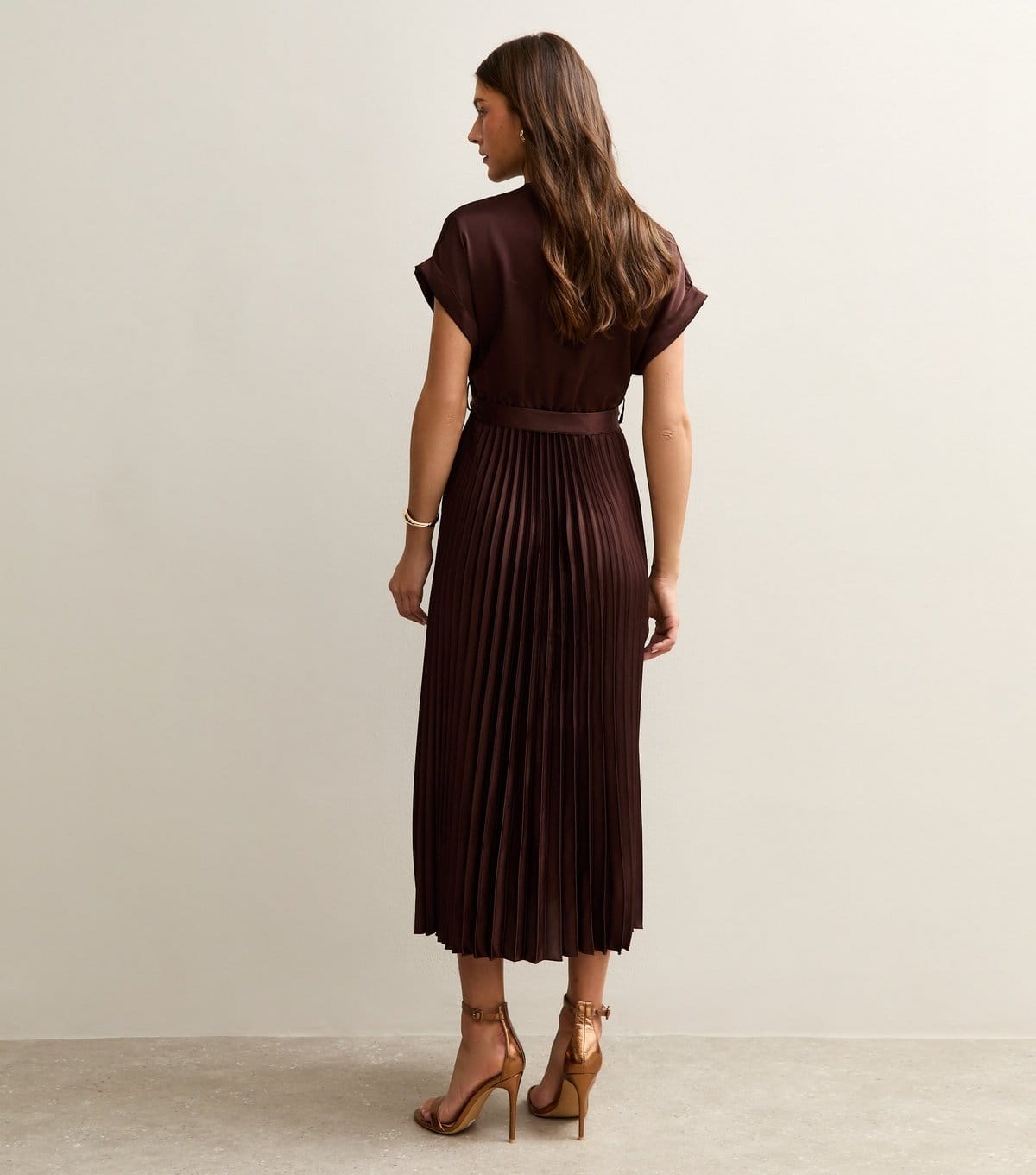 New Look Women's Dark Brown Satin Pleated Wrap Midi Dress New Look - 4