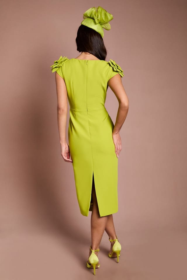 Coast Coast Women's Lisa Tan V Neck Corsage Shoulder Pencil Midi Dress in Lime - 3