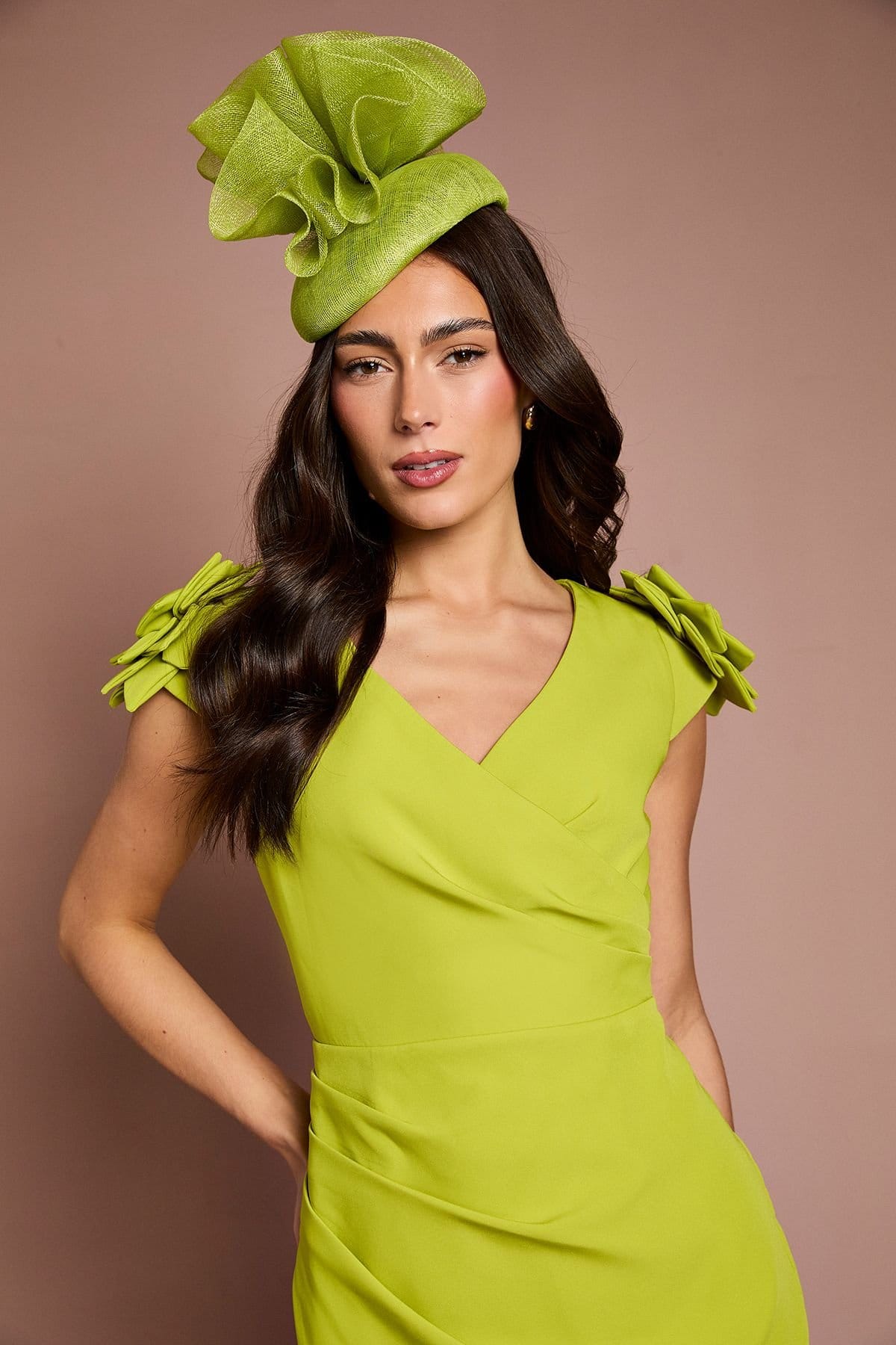 Coast Coast Women's Lisa Tan V Neck Corsage Shoulder Pencil Midi Dress in Lime - 4