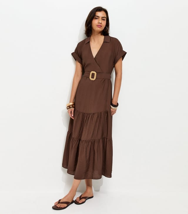 New Look Women's Dark Brown Tiered Belted Midi Dress New Look - 2