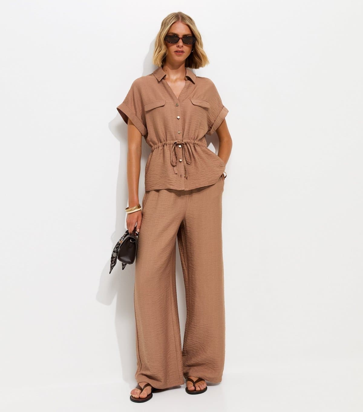 New Look Women's Mink Crinkle Texture Wide Leg Trousers New Look
