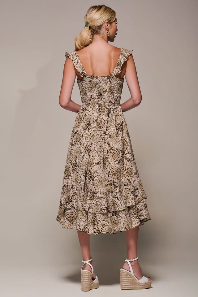 Jolie Moi Jolie Moi Women's Shirred Ruffle Sleeve Tiered Midi Dress in Brown - 2