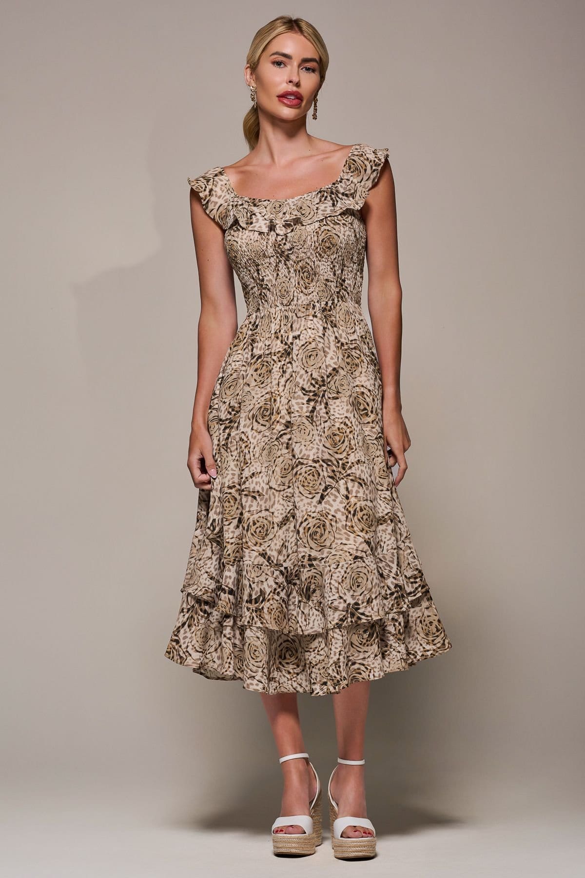 Jolie Moi Jolie Moi Women's Shirred Ruffle Sleeve Tiered Midi Dress in Brown - 4