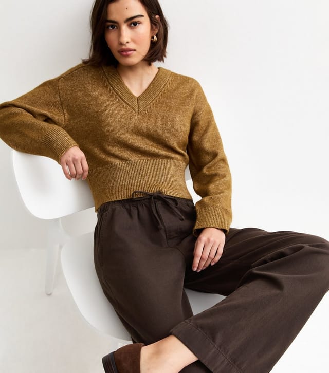 New Look Women's Dark Brown Cotton Twill Drawstring Wide Leg Trousers New Look - 2