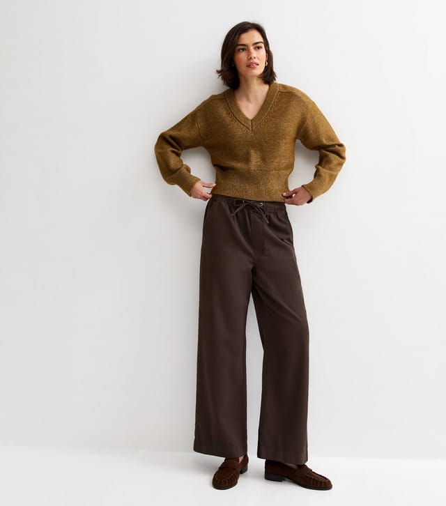 New Look Women's Dark Brown Cotton Twill Drawstring Wide Leg Trousers New Look - 3