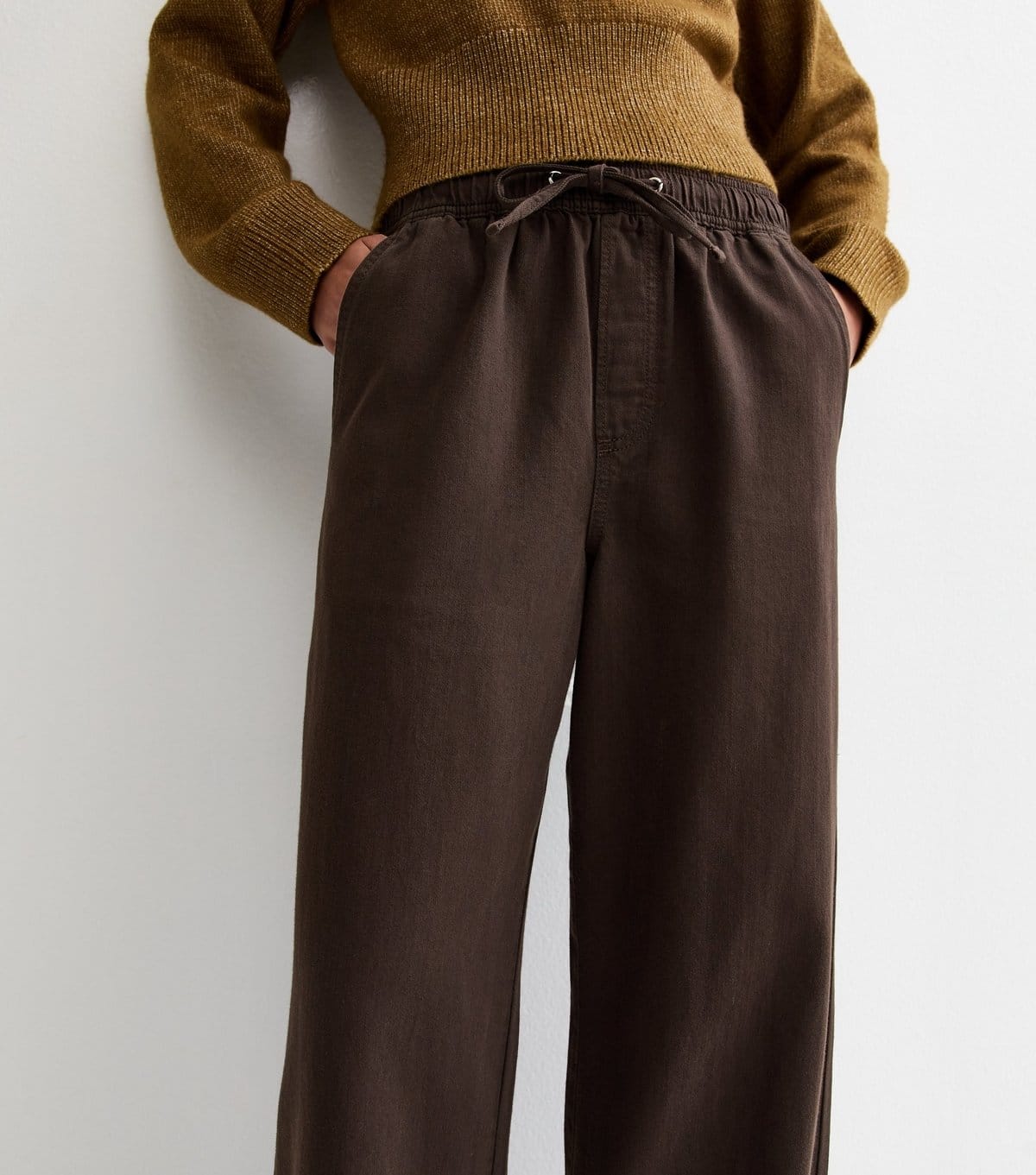 New Look Women's Dark Brown Cotton Twill Drawstring Wide Leg Trousers New Look - 4