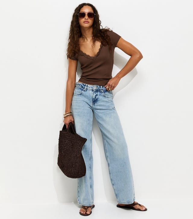 New Look Women's Dark Brown V Neck Lace Trim Top New Look - 3