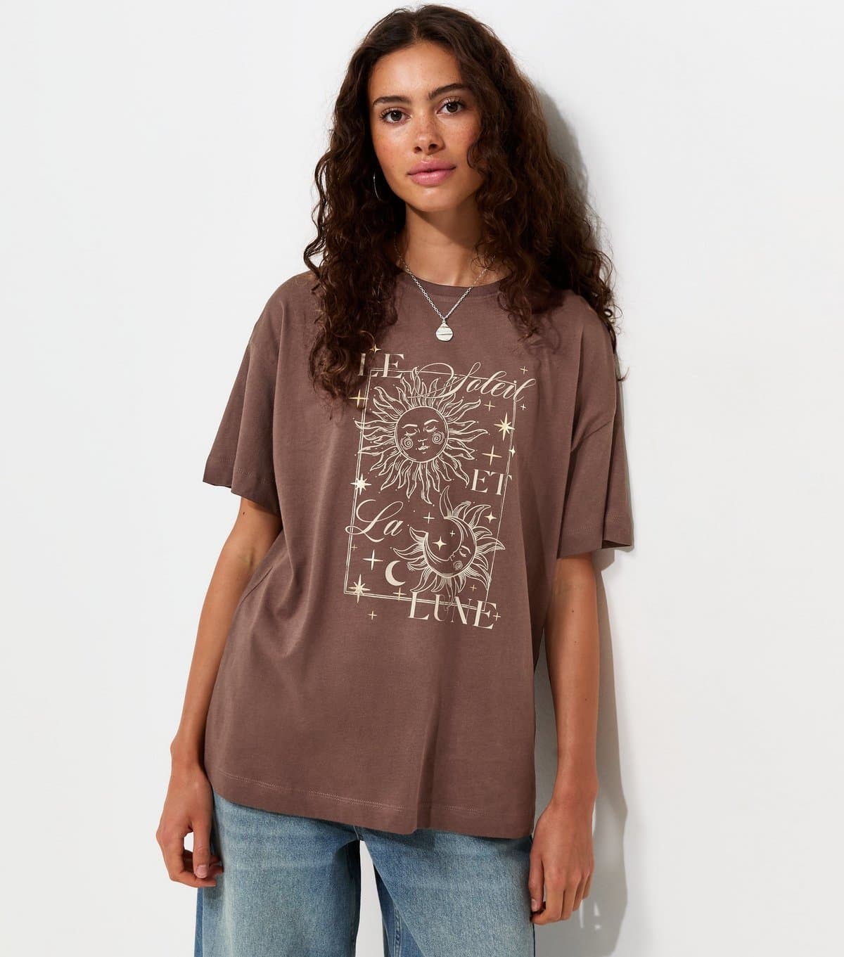 New Look Women's Dark Brown Cotton Sun Moon Oversized T-Shirt New Look