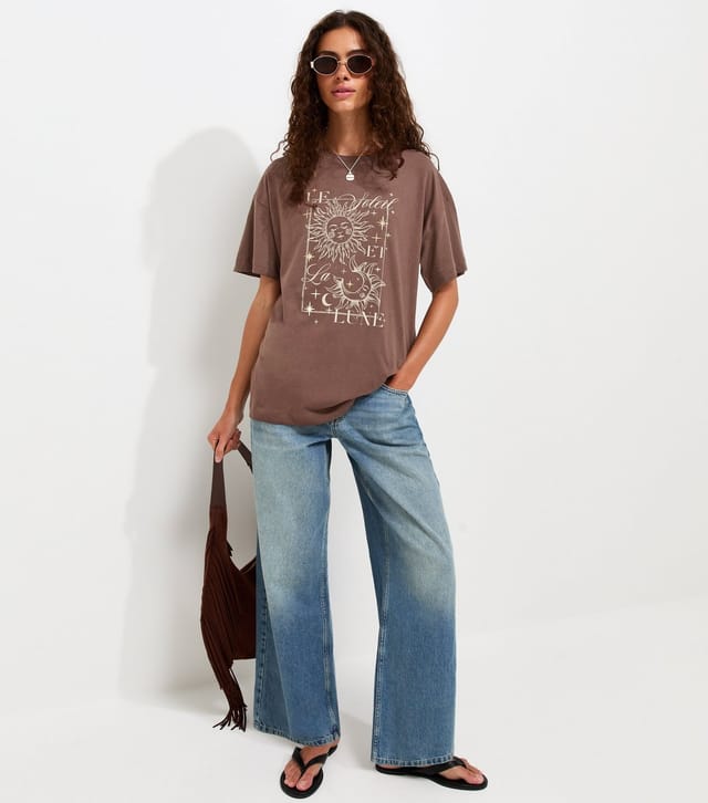 New Look Women's Dark Brown Cotton Sun Moon Oversized T-Shirt New Look - 3