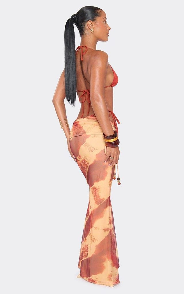 EGO Fold Over Waist Maxi Skirt In Rust Abstract Print, Women's Size UK 6 - 2