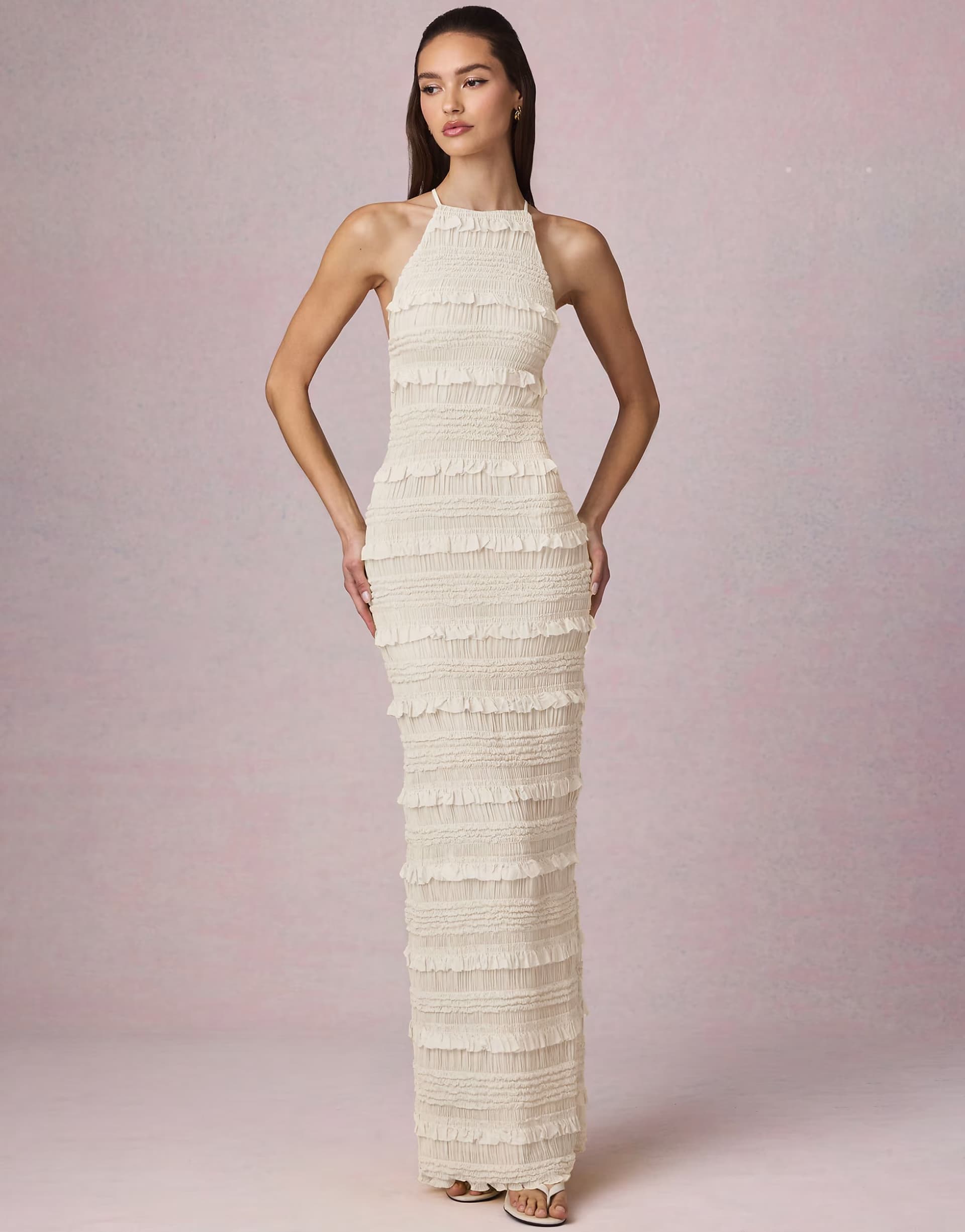 ASOS Oh Polly halter neck tie back detail ruffle trimn maxi dress in ivory