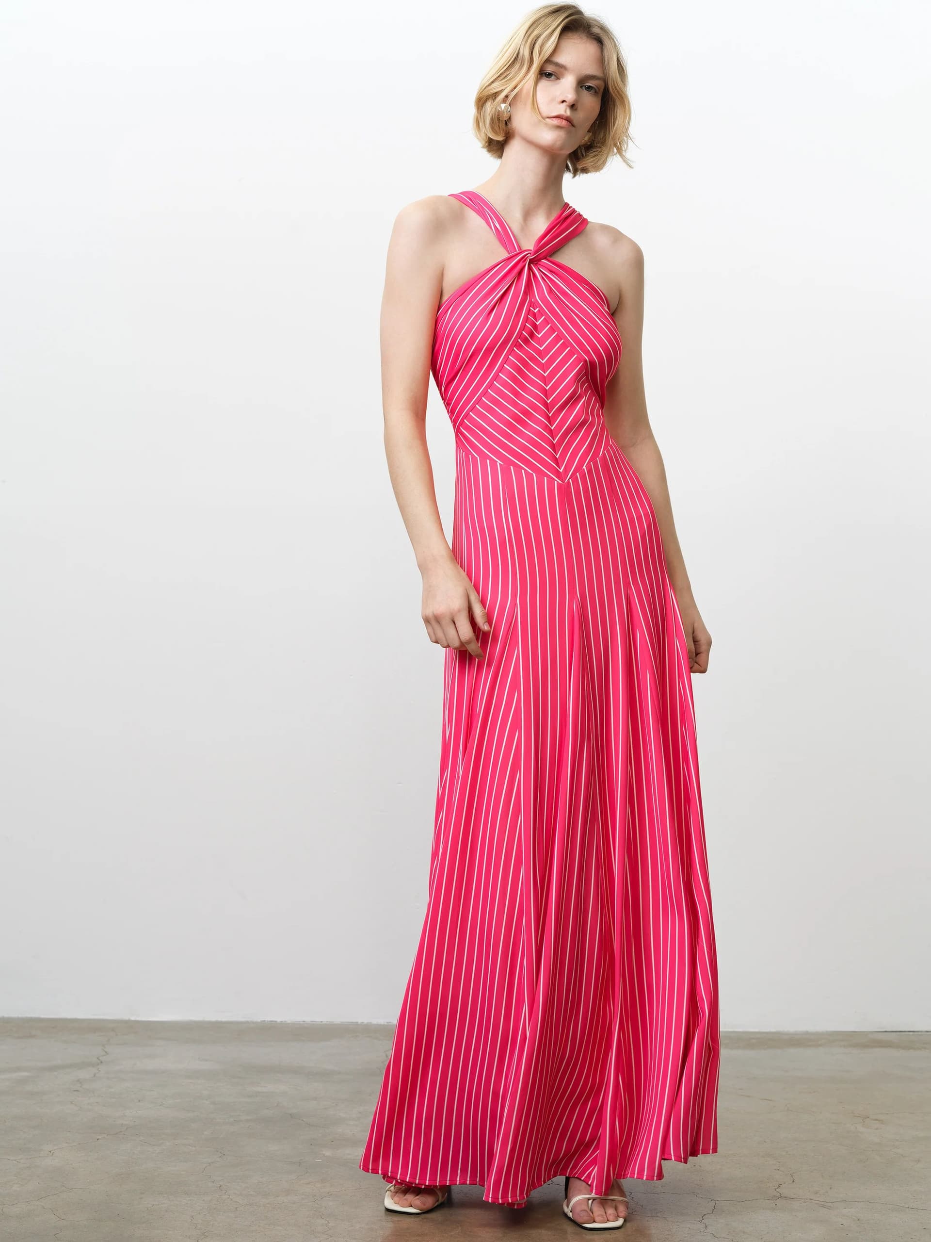 French Connection Clarisa Striped Halterneck Maxi Dress Pink Stripe