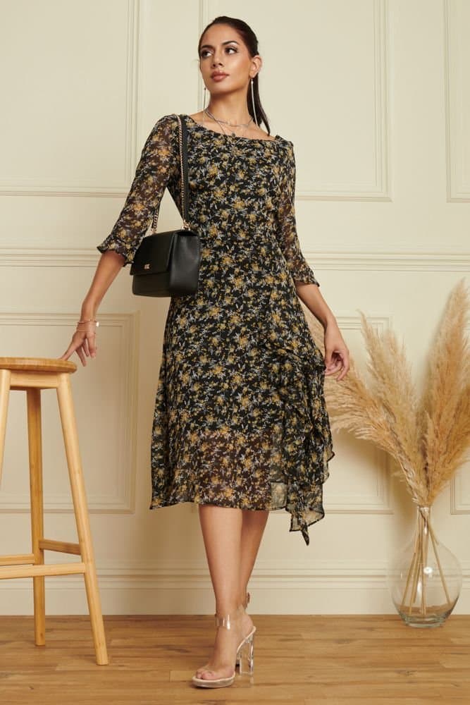 Jolie Moi Jolie Moi Women's Floral Chiffon Frill Hem Midi dress in Black