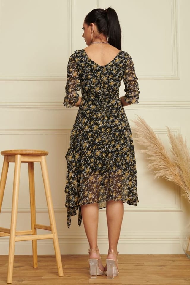 Jolie Moi Jolie Moi Women's Floral Chiffon Frill Hem Midi dress in Black - 2