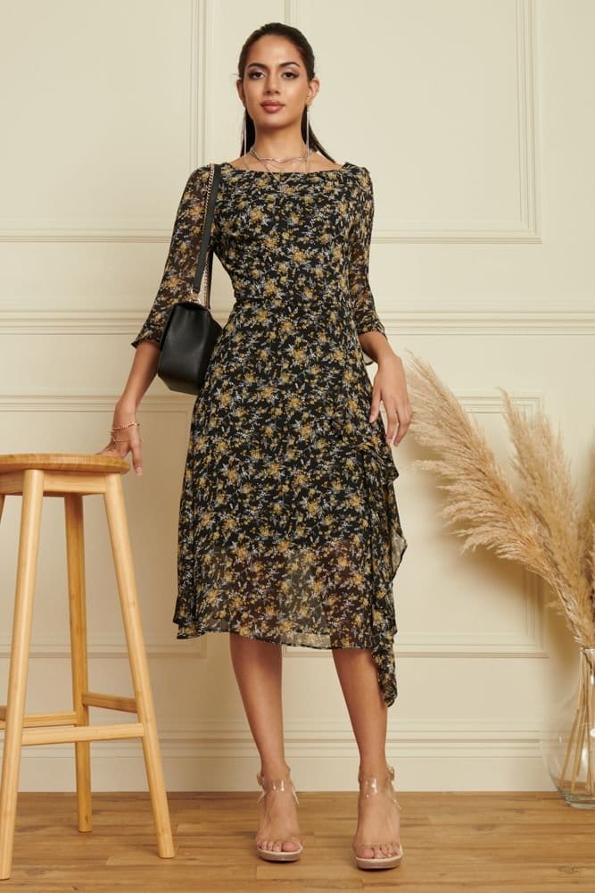 Jolie Moi Jolie Moi Women's Floral Chiffon Frill Hem Midi dress in Black - 4