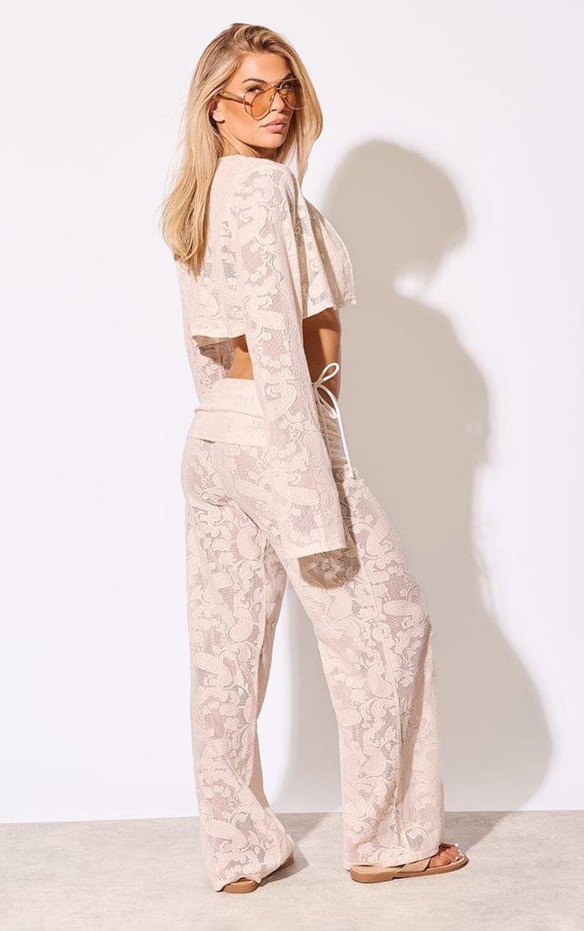 EGO Fold Over Waist Wide Leg Trousers In Cream Crochet Look, Women's Size UK 6 - 2