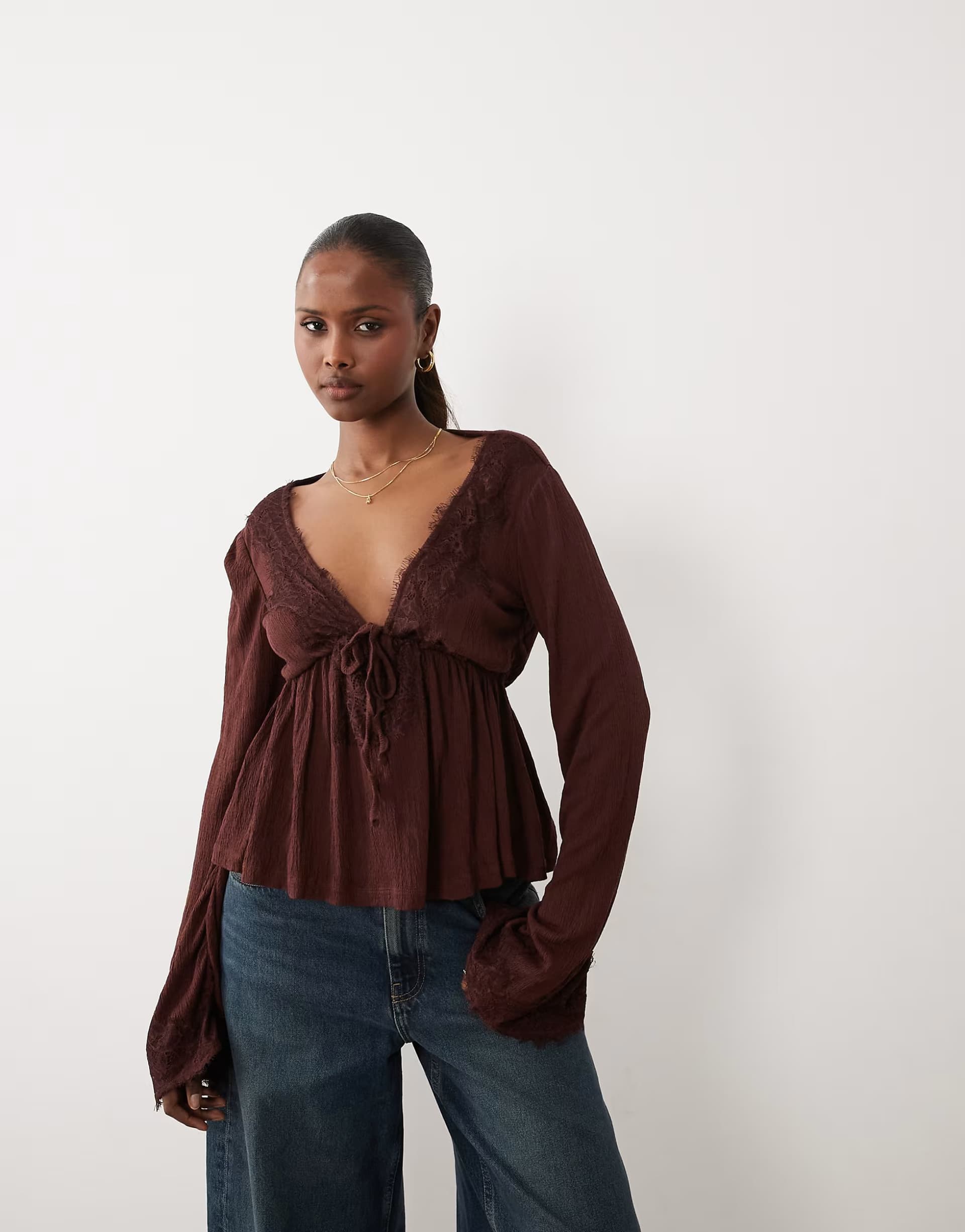 ASOS ASOS DESIGN crinkle lace trim plunge top with flare sleeve in chocolate