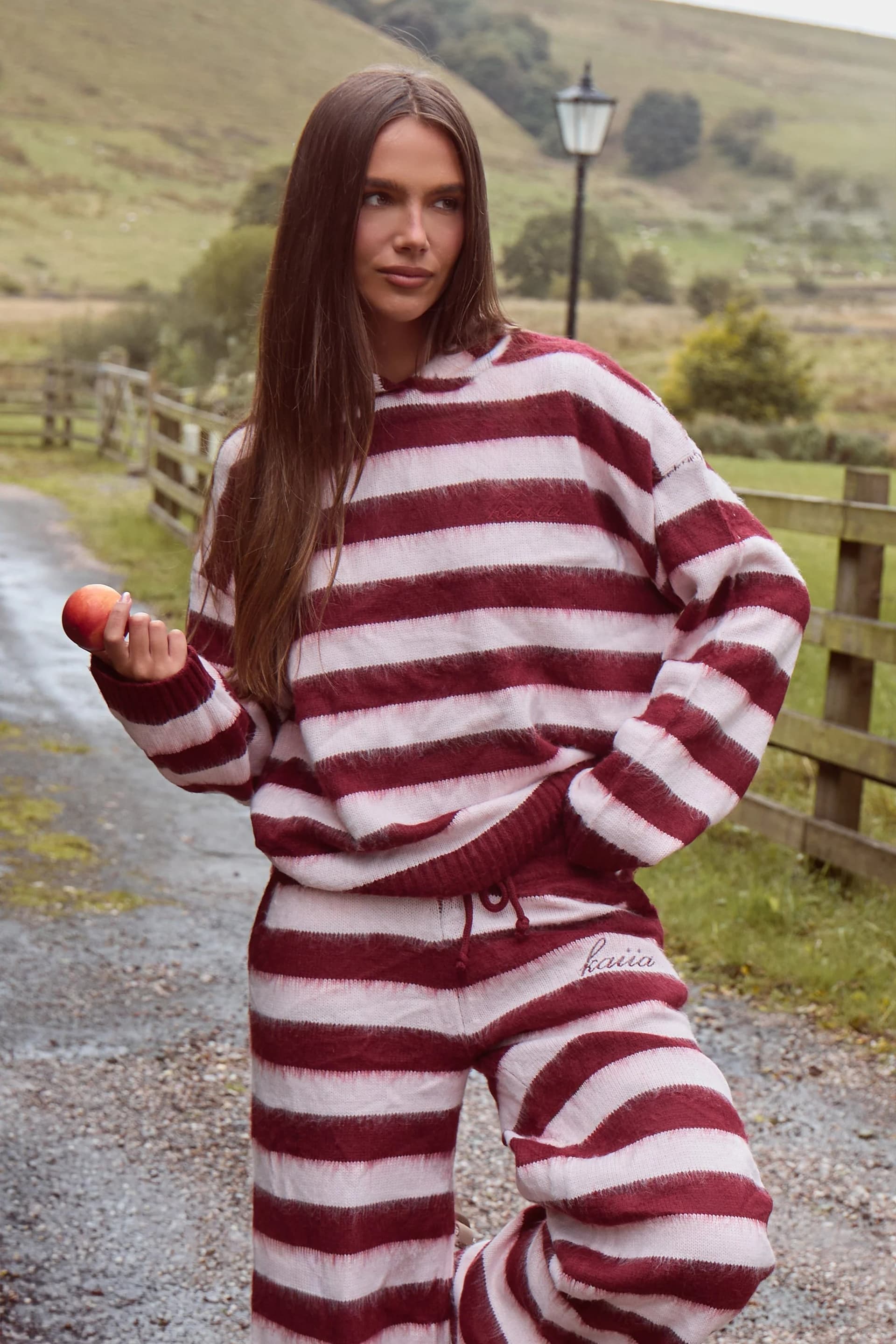 Kaiia Kaiia Knit Striped Oversized Hoodie Dark Cherry & Pink