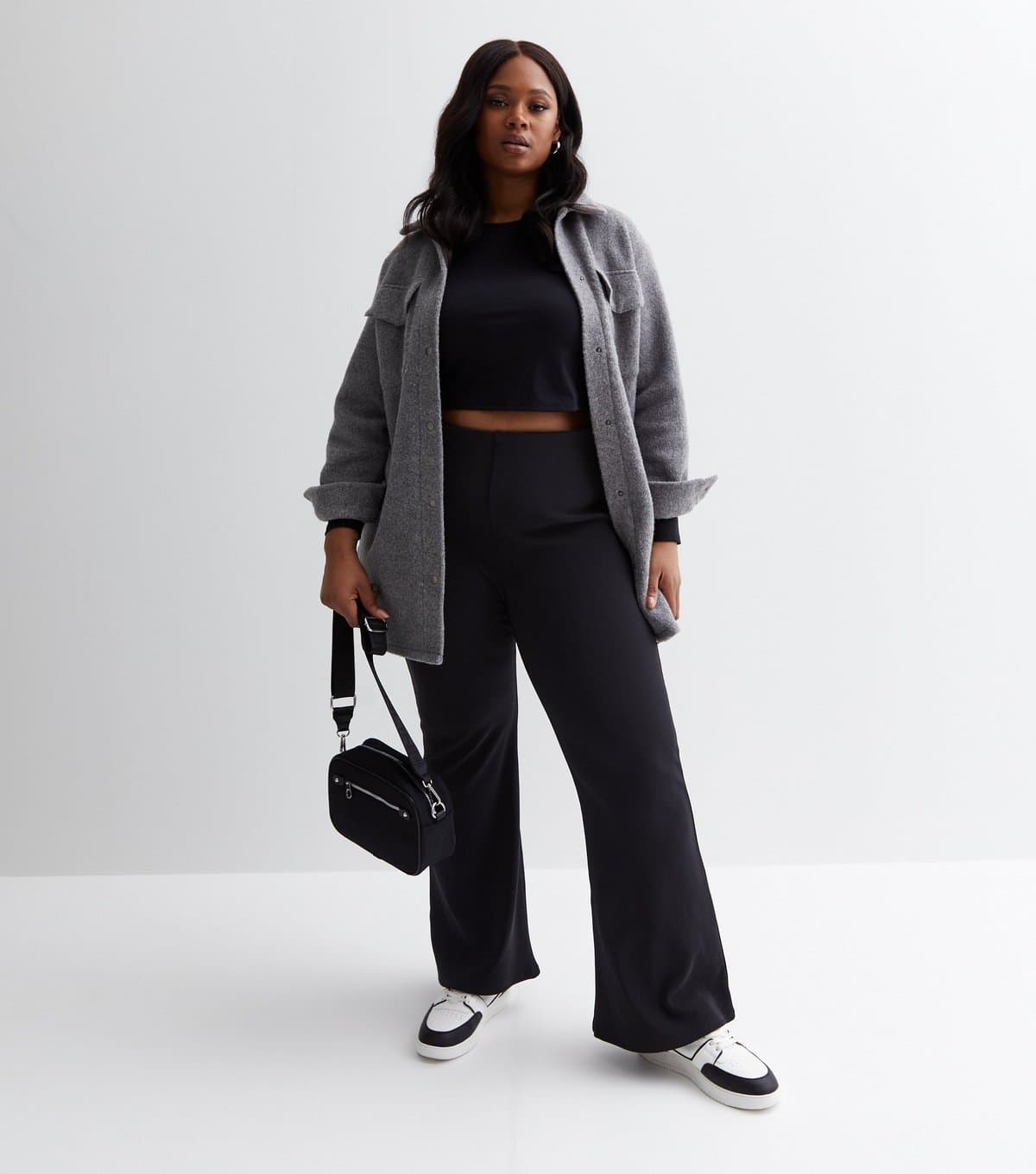 New Look Women's Plus Size Black Ribbed Flared Trousers Curves New Look