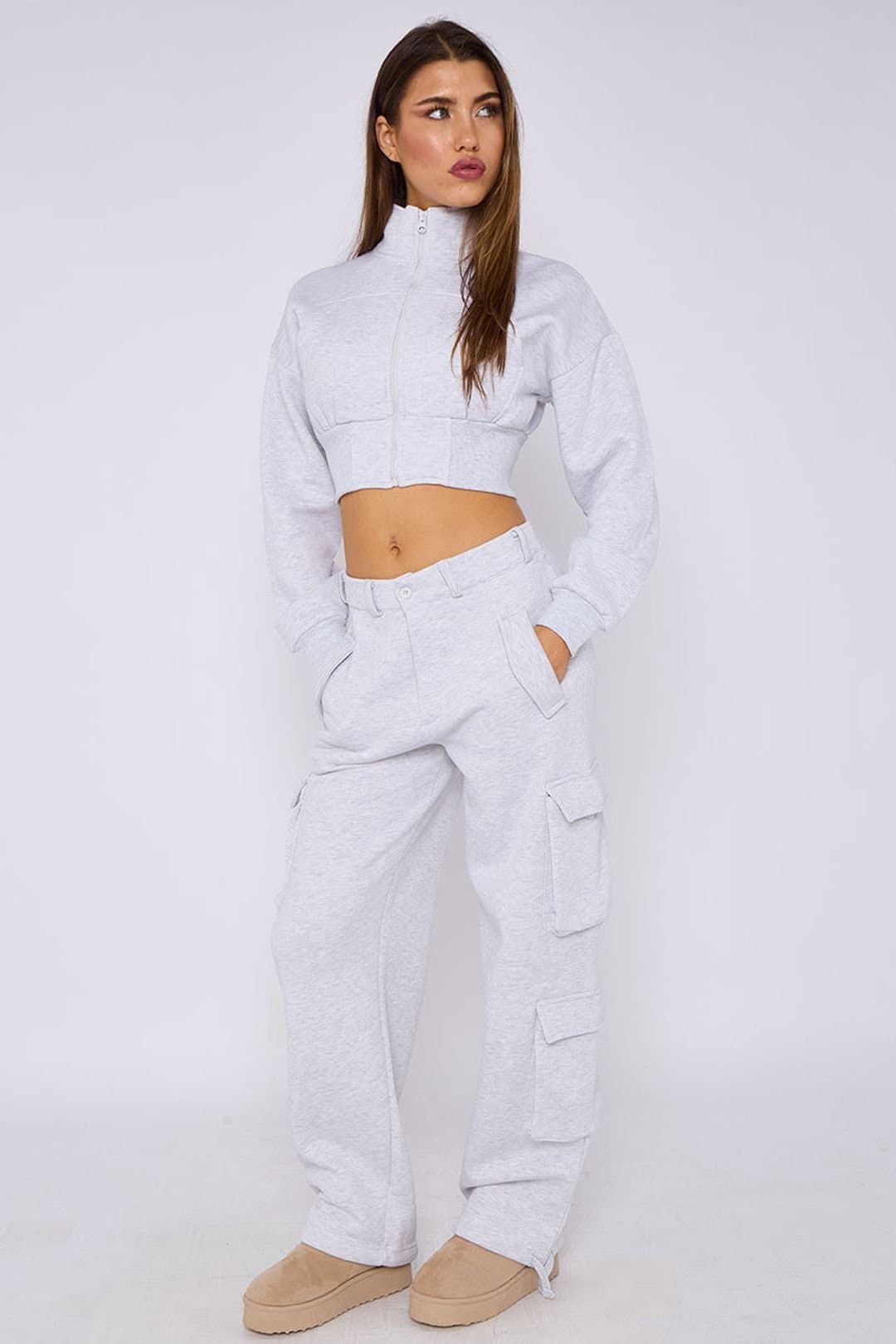 STYLEWISE STYLEWISE Women's Cropped Zip Sweatshirt & Cargo Trouser Tracksuit Co-ord in Grey