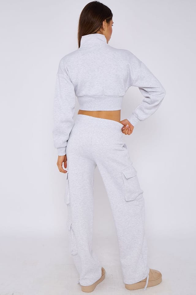 STYLEWISE STYLEWISE Women's Cropped Zip Sweatshirt & Cargo Trouser Tracksuit Co-ord in Grey - 3