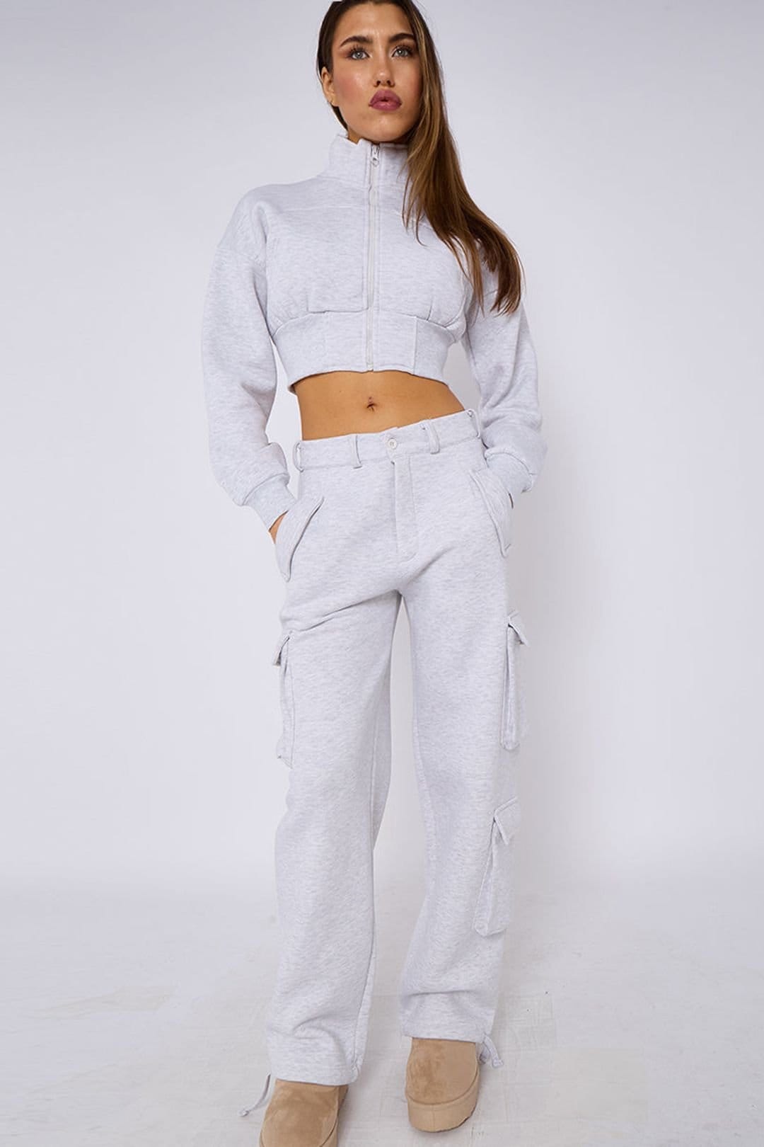 STYLEWISE STYLEWISE Women's Cropped Zip Sweatshirt & Cargo Trouser Tracksuit Co-ord in Grey - 4