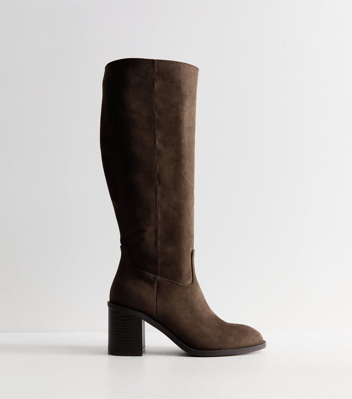New Look Women's Extra Calf Fit Dark Brown Faux Suede Block Heel Knee High Boots Vegan New Look