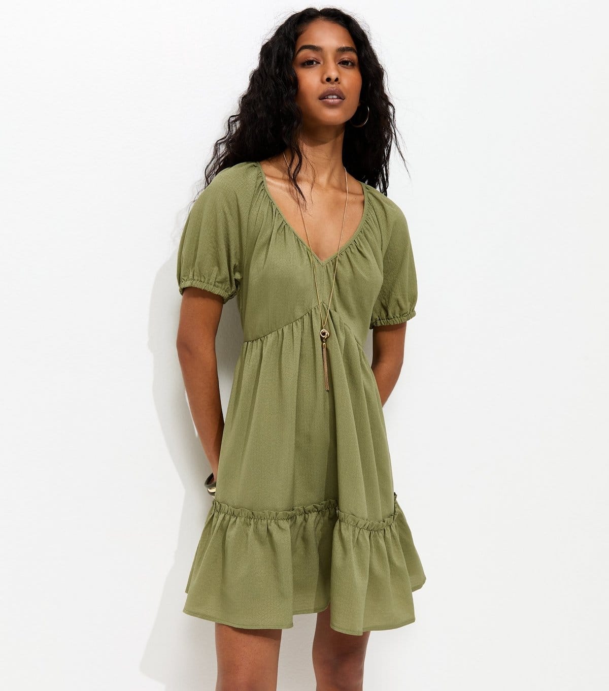 Women's Light Khaki Textured Tiered Mini Smock Dress New Look