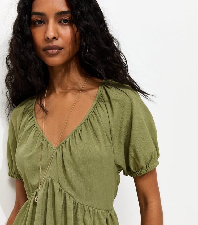 New Look Women's Light Khaki Textured Tiered Mini Smock Dress New Look - 2