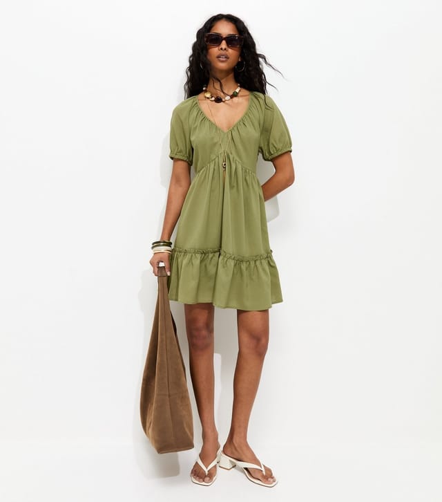 New Look Women's Light Khaki Textured Tiered Mini Smock Dress New Look - 3
