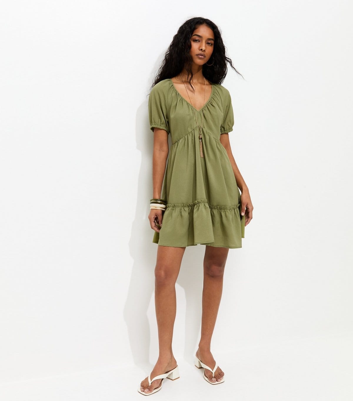 New Look Women's Light Khaki Textured Tiered Mini Smock Dress New Look - 4