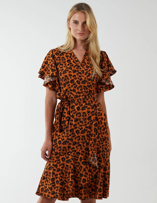 Blue Vanilla Leopard Print Wrap Ruffle Midi Dress - 2