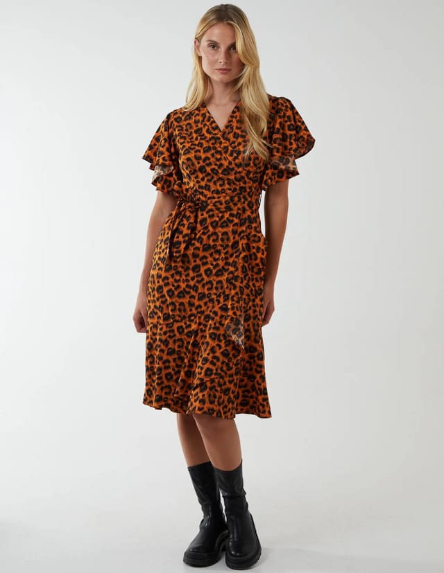 Blue Vanilla Leopard Print Wrap Ruffle Midi Dress - 3
