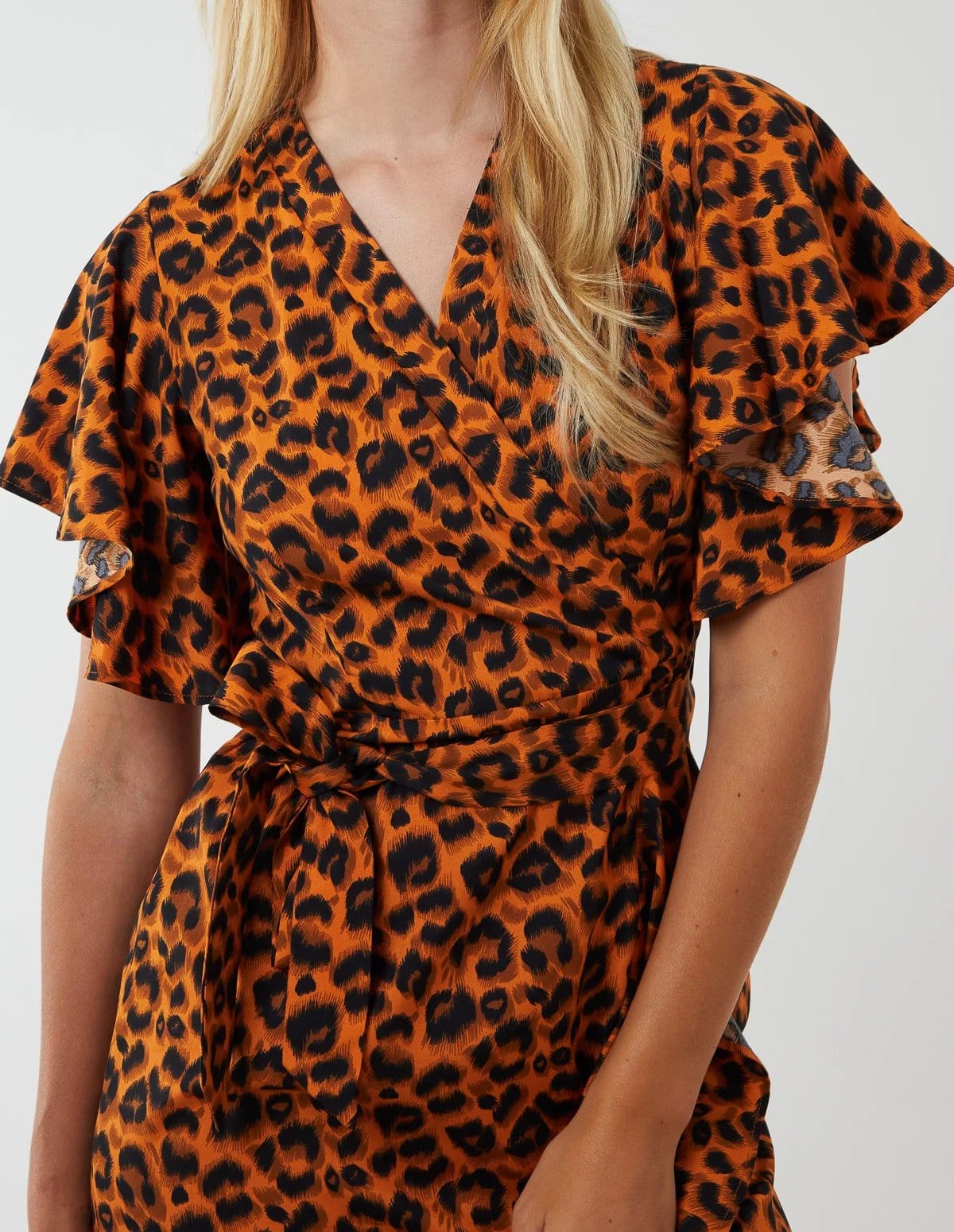 Blue Vanilla Leopard Print Wrap Ruffle Midi Dress - 4